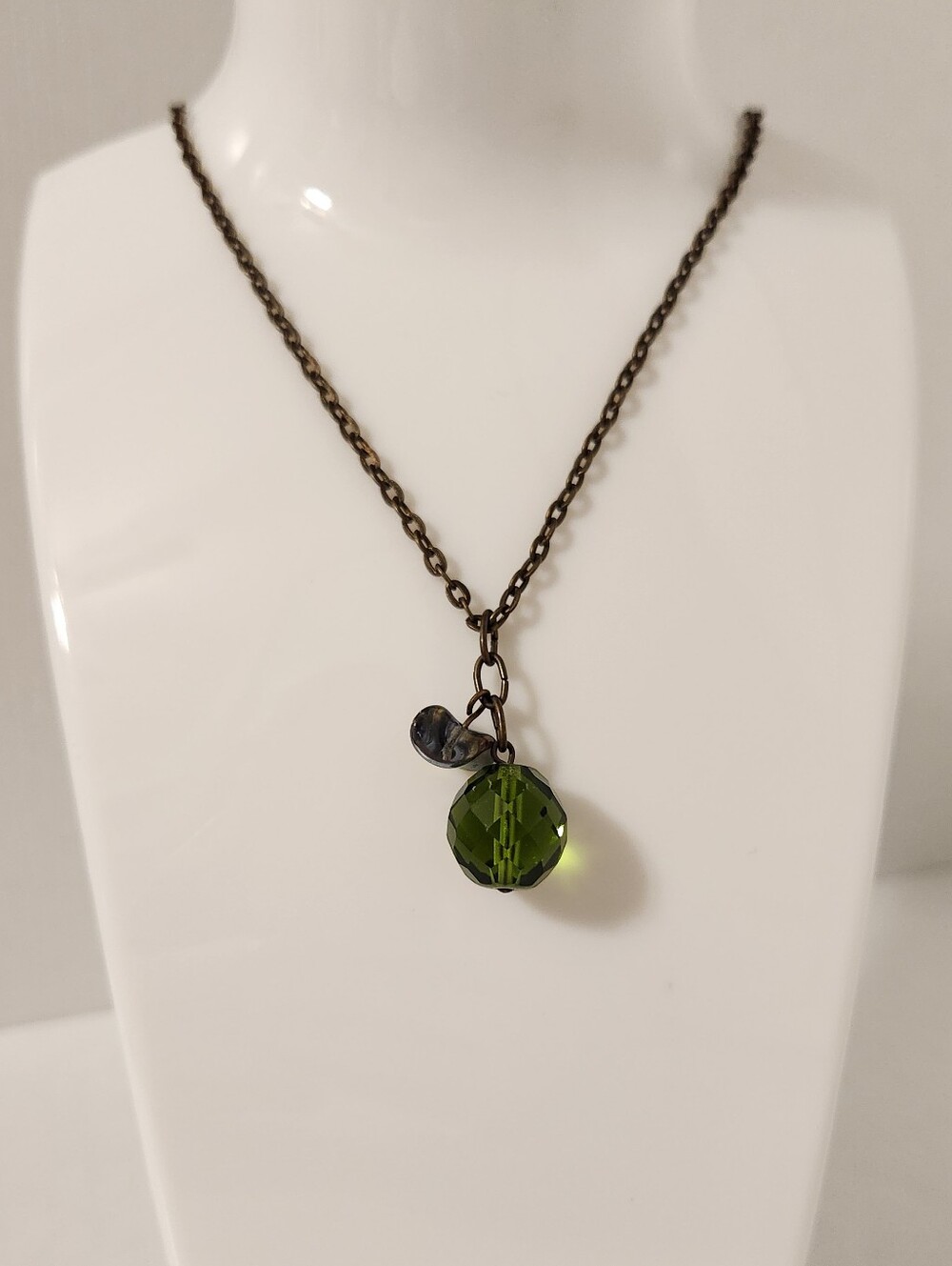 Delicate Olive Green Crystal Pendant Necklace Antique Brass Chain